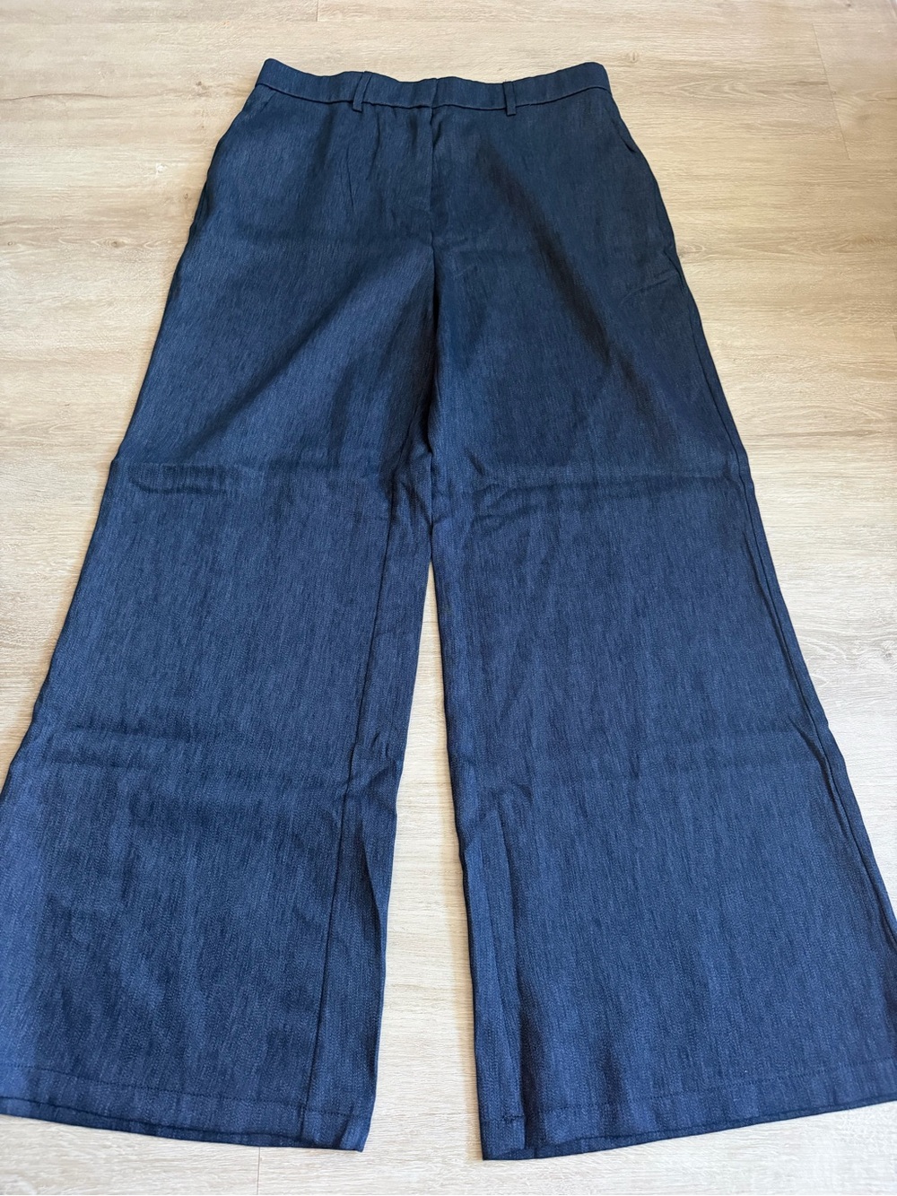 OGL European Linen Mid Rise Flared Wide Leg Pant Pockets Blue Women SZ L NWT